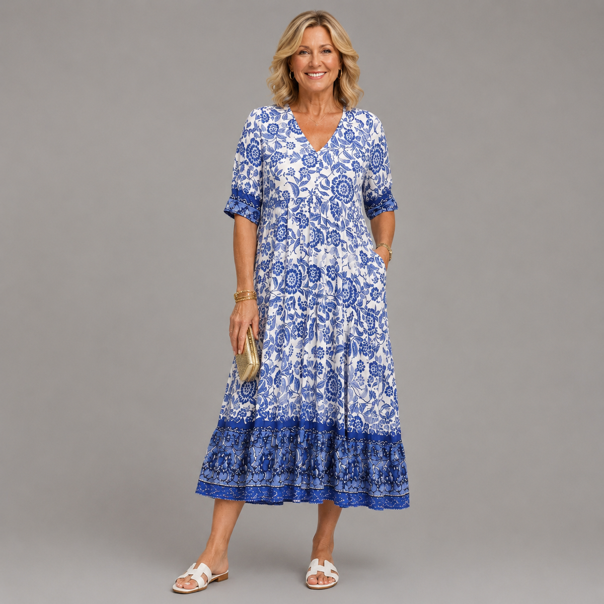 Belinda — Floral V-Neck Tiered Midi Dress