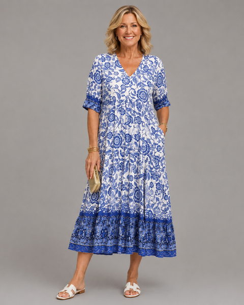 Belinda — Floral V-Neck Tiered Midi Dress