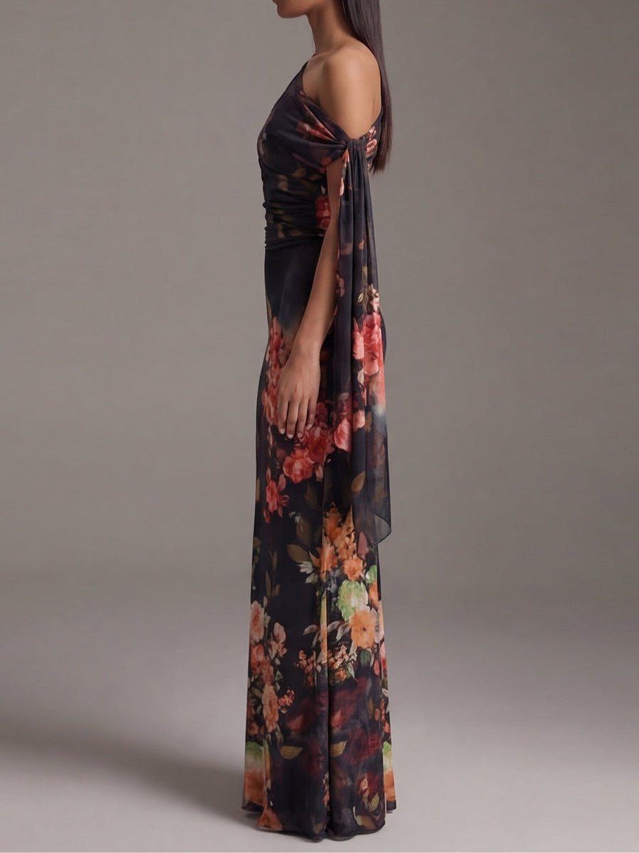 Constanza — Dark Floral One-Shoulder Pleated Maxi Dress with Tie Sleeve