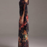 Constanza — Dark Floral One-Shoulder Pleated Maxi Dress with Tie Sleeve