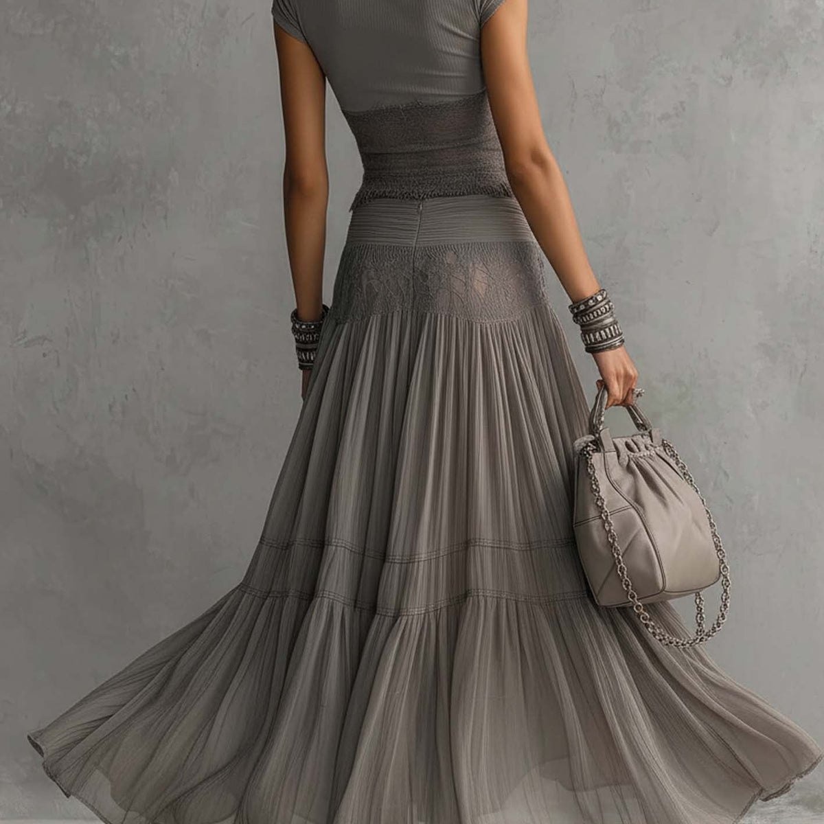 Phoebe — Grey Lace-Panel Top and Pleated Maxi Skirt Set