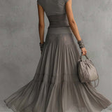 Phoebe — Grey Lace-Panel Top and Pleated Maxi Skirt Set