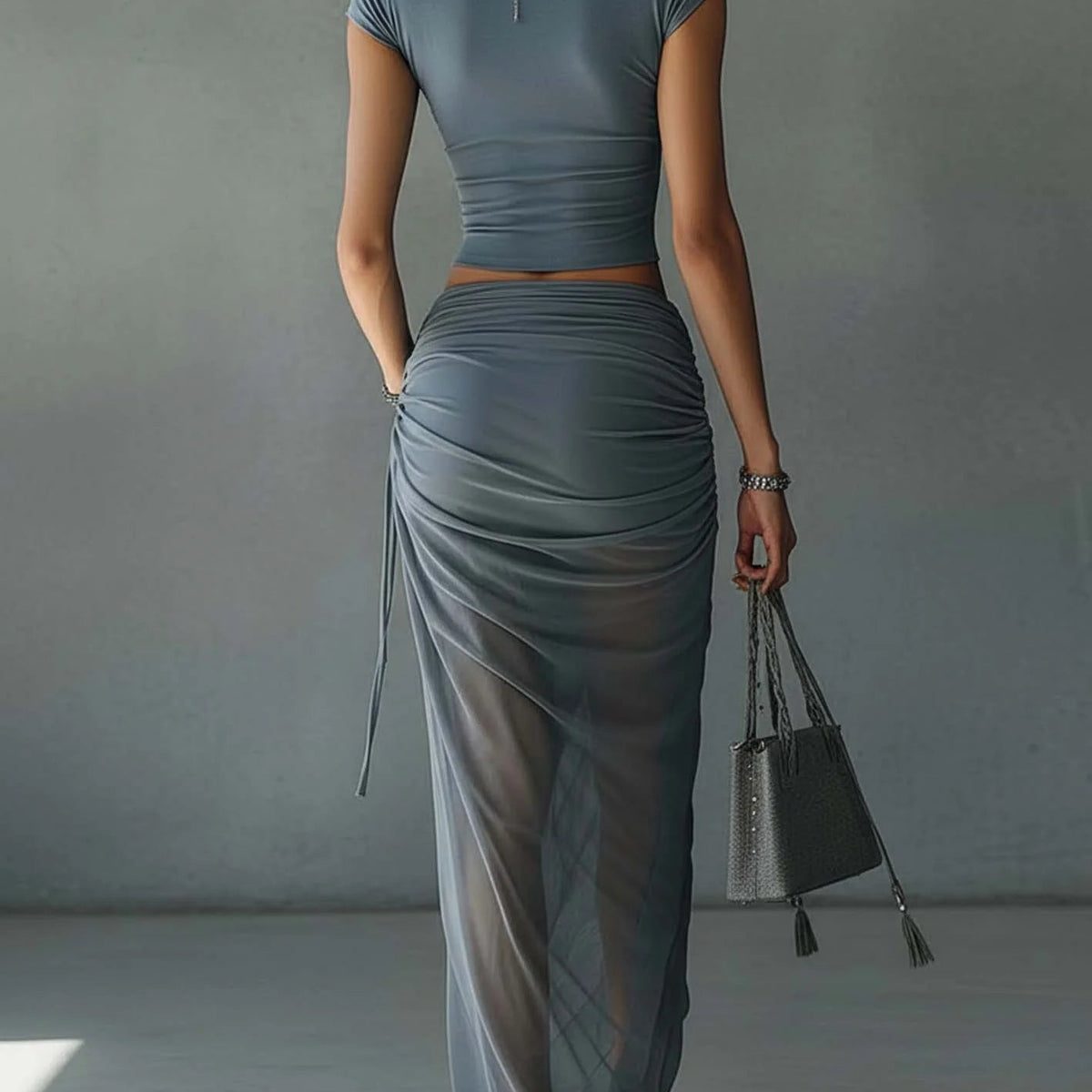 Maiken — Slate Blue Cropped Top and Draped Skirt Set