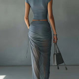 Maiken — Slate Blue Cropped Top and Draped Skirt Set