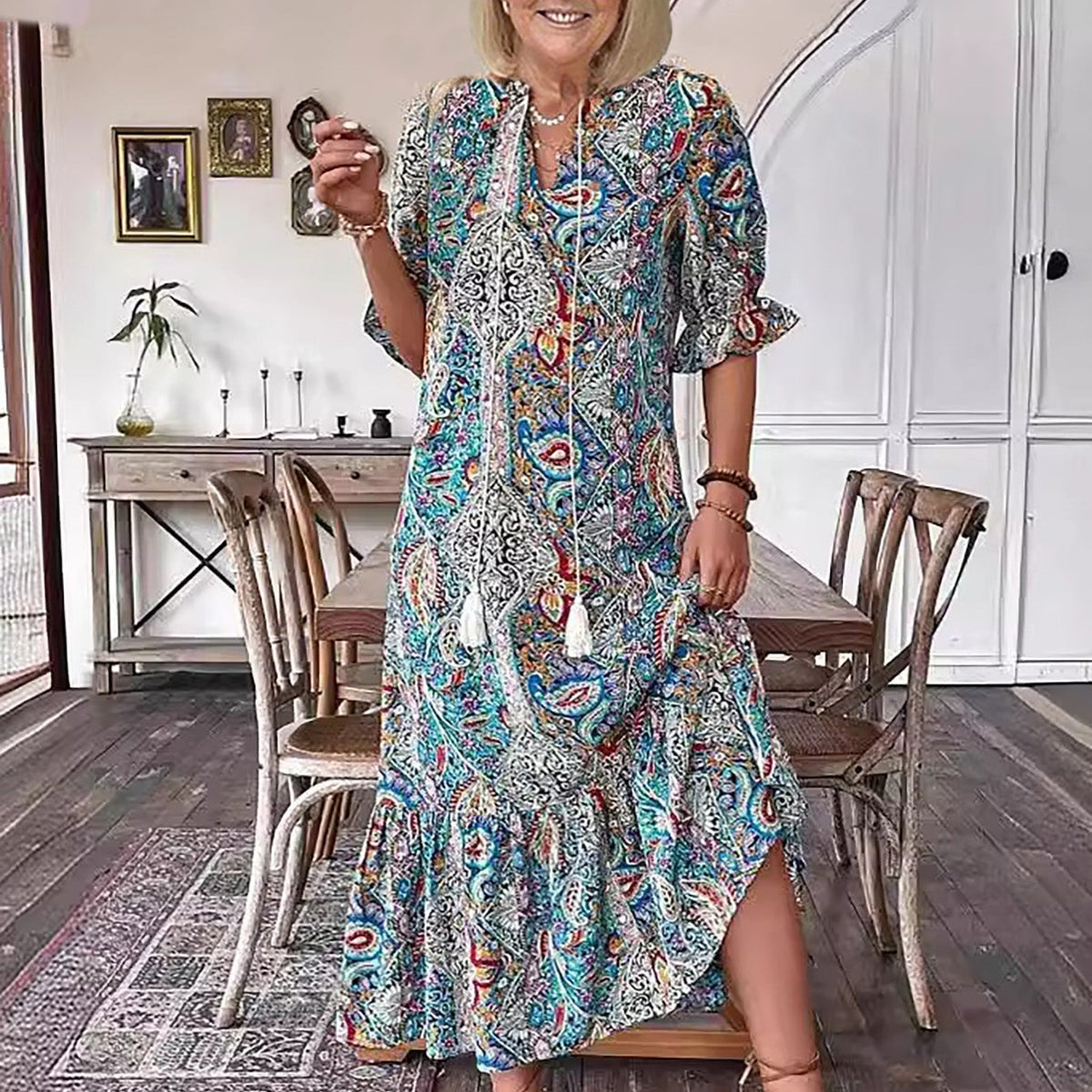 Solveig — Paisley-Print Tassel-Tie Maxi Dress with Tiered Skirt