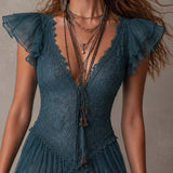 Berenike — Teal Ruffle-Sleeve Tiered Mini Dress with V-Neckline