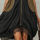 Yrsa — Black Zip-Front Mini Dress with Olive Panels and Lace Hem