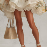 Orsolya — Beige Floral Strappy Mini Dress with Flared Hem