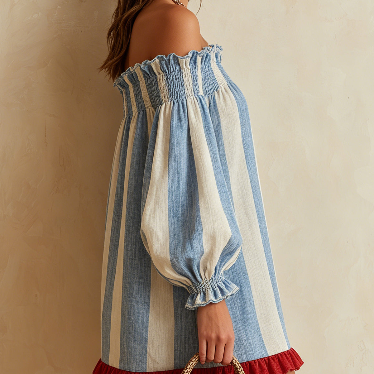 Hildur — Blue and White Striped Off-Shoulder Mini Dress with Red Hem Trim