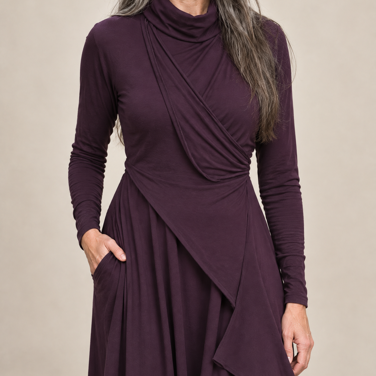 Sylvana Draped Turtleneck Maxi Dress in Purple