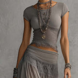 Phoebe — Grey Lace-Panel Top and Pleated Maxi Skirt Set
