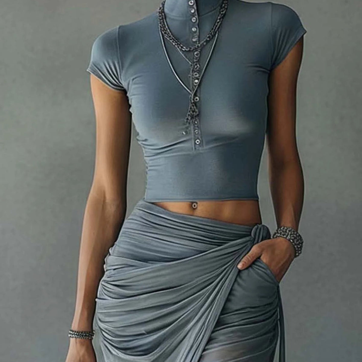 Maiken — Slate Blue Cropped Top and Draped Skirt Set