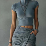 Maiken — Slate Blue Cropped Top and Draped Skirt Set