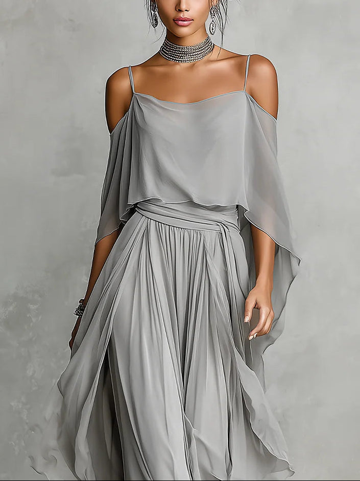 Liliana — Grey Cold-Shoulder Top and Wide-Leg Trouser Set with Draped Sleeves