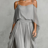 Liliana — Grey Cold-Shoulder Top and Wide-Leg Trouser Set with Draped Sleeves