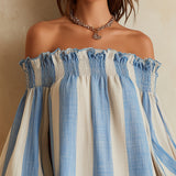 Hildur — Blue and White Striped Off-Shoulder Mini Dress with Red Hem Trim