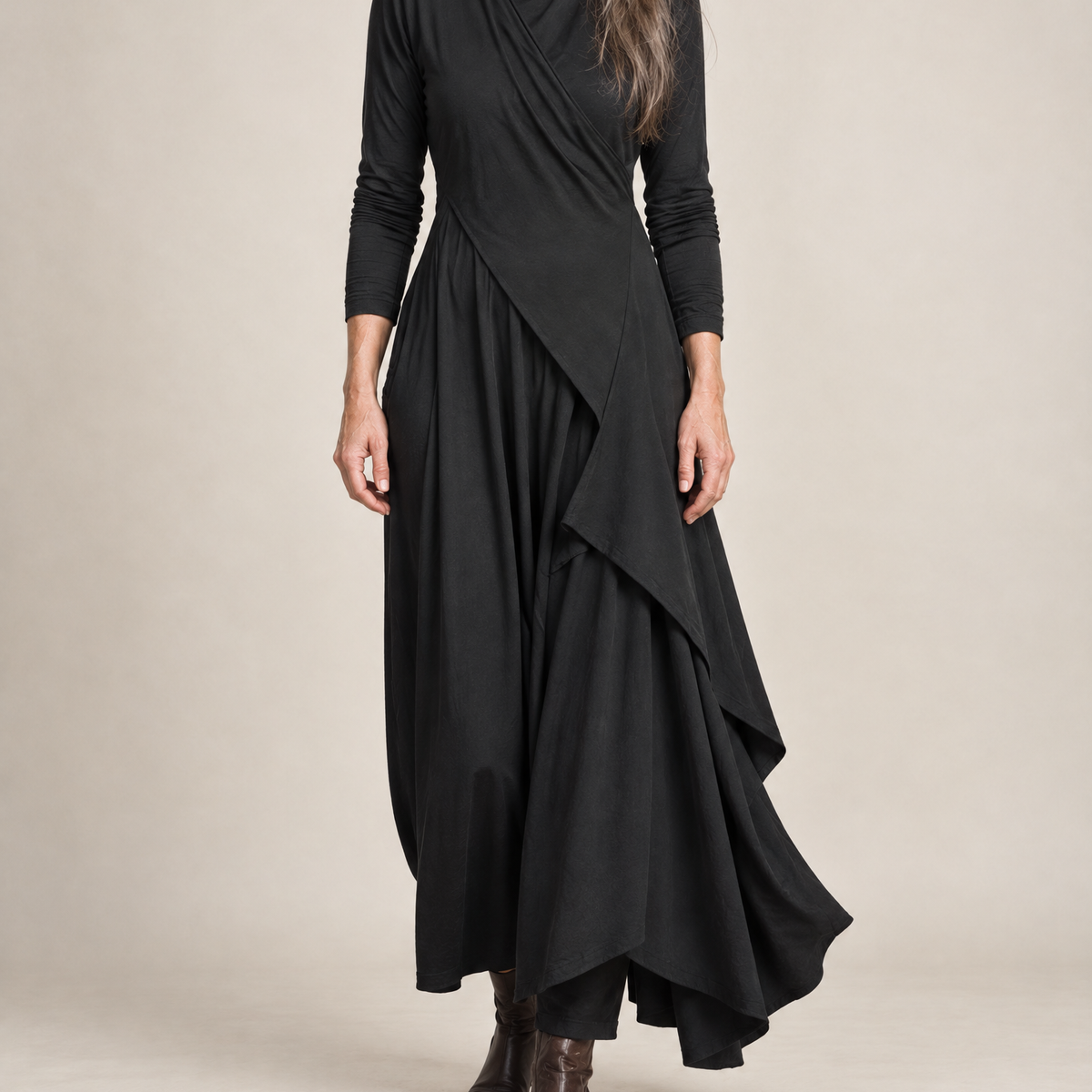 Sylvana Draped Turtleneck Maxi Dress in Black