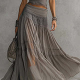 Phoebe — Grey Lace-Panel Top and Pleated Maxi Skirt Set