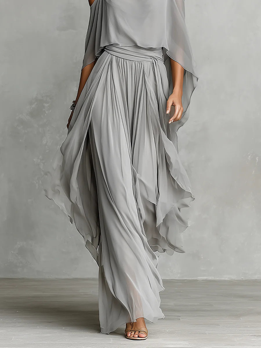 Liliana — Grey Cold-Shoulder Top and Wide-Leg Trouser Set with Draped Sleeves