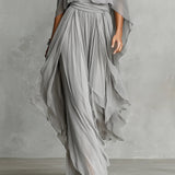 Liliana — Grey Cold-Shoulder Top and Wide-Leg Trouser Set with Draped Sleeves