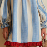 Hildur — Blue and White Striped Off-Shoulder Mini Dress with Red Hem Trim
