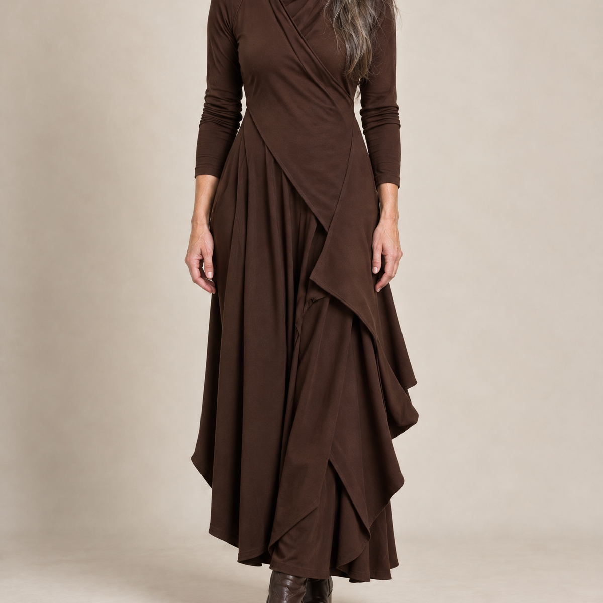 Sylvana Draped Turtleneck Maxi Dress in Brown