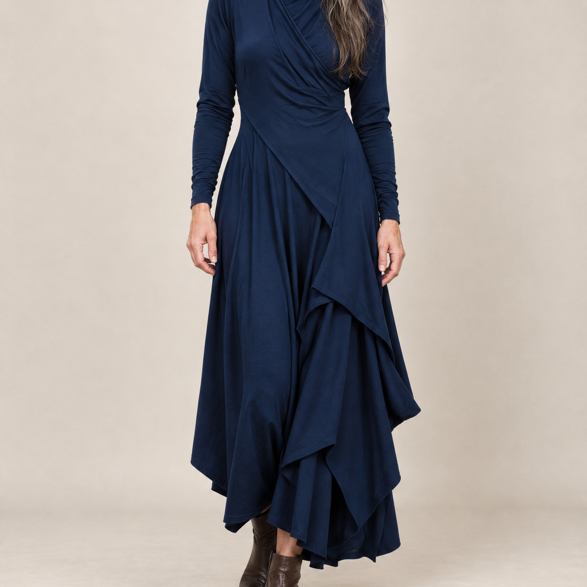 Sylvana Draped Turtleneck Maxi Dress in Navy