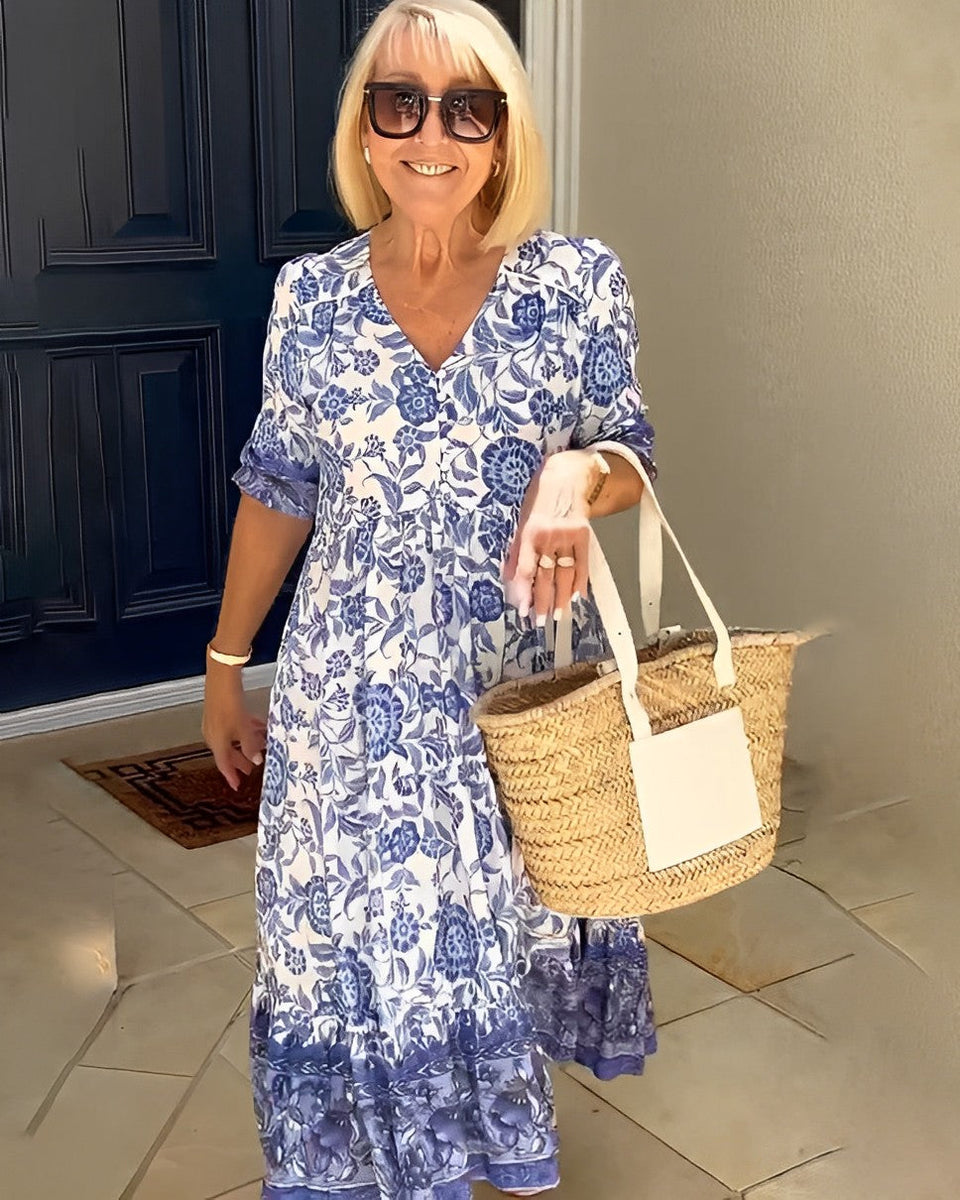 Belinda — Floral V-Neck Tiered Midi Dress