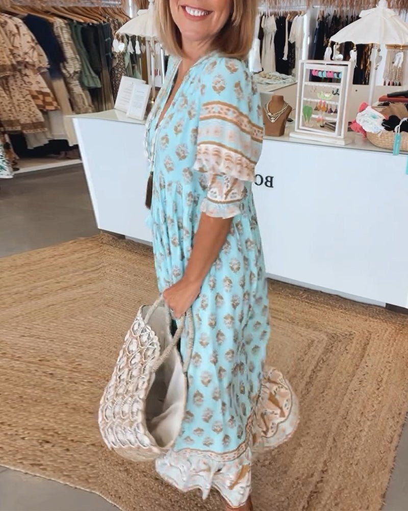 Wilmette — Printed V-Neck Maxi Dress with Tassel Tie and Fringe Hem