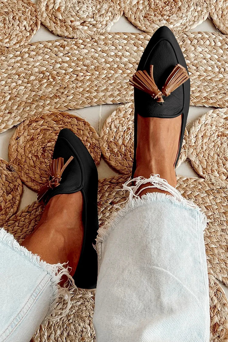 Candida — Black Pointed Loafers with Orange Tassels