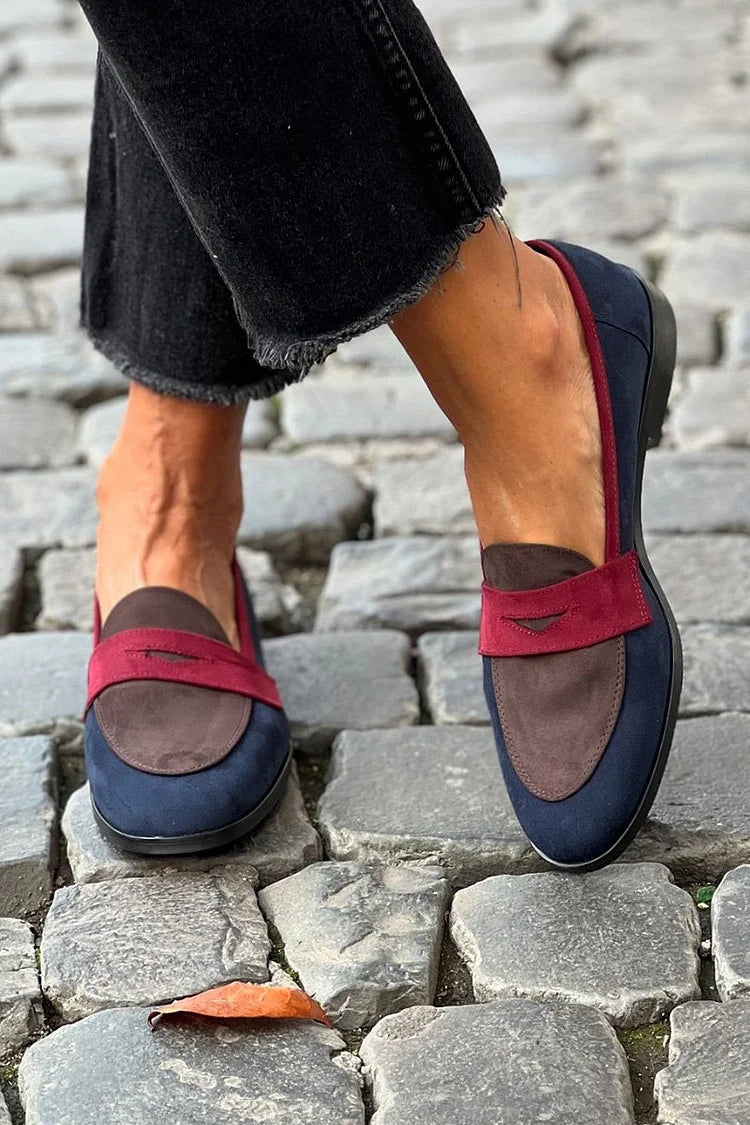 Cristina — Matte Navy Colour-Block Loafers with Burgundy Strap