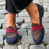 Cristina — Matte Navy Colour-Block Loafers with Burgundy Strap