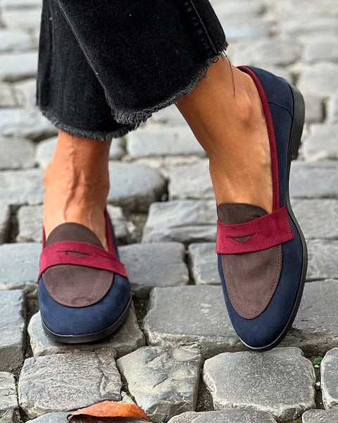 Cristina — Matte Navy Colour-Block Loafers with Burgundy Strap