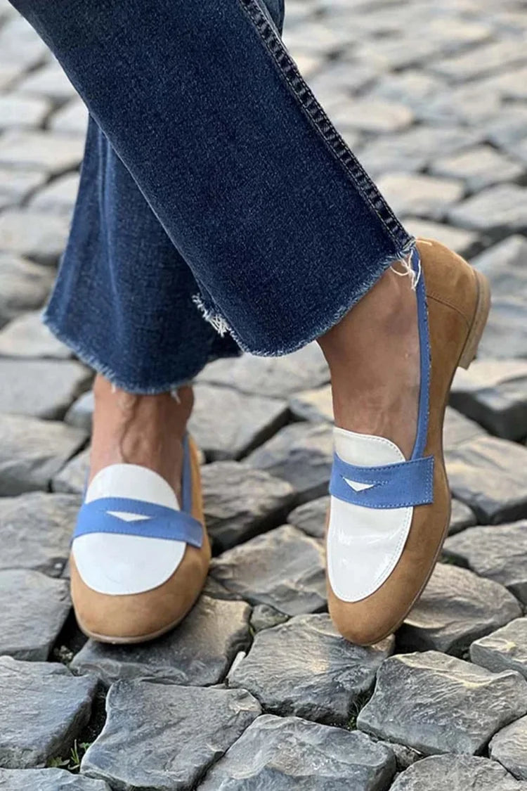 Clelia — Camel, White and Blue Colour-Block Loafers