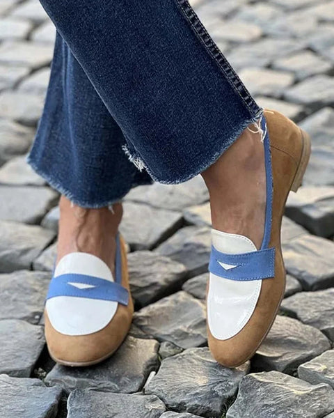 Clelia — Camel, White and Blue Colour-Block Loafers