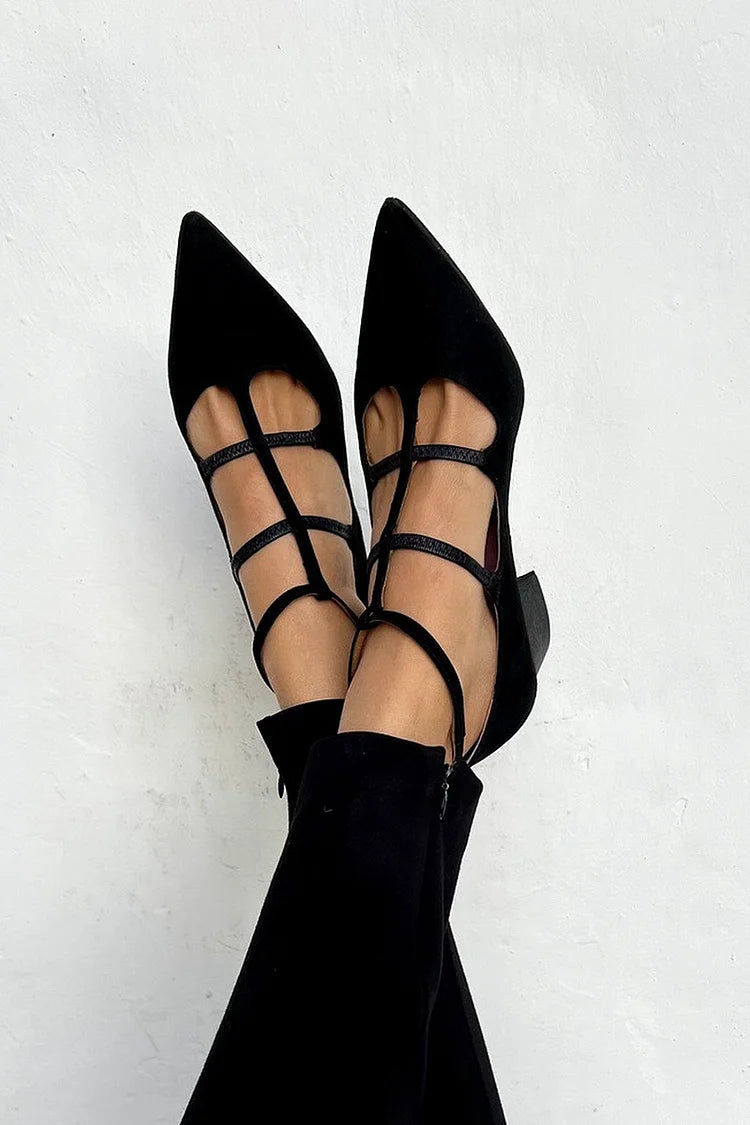 Eimear — Black Pointed Low-Heel Shoes with T-Straps
