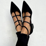 Eimear — Black Pointed Low-Heel Shoes with T-Straps
