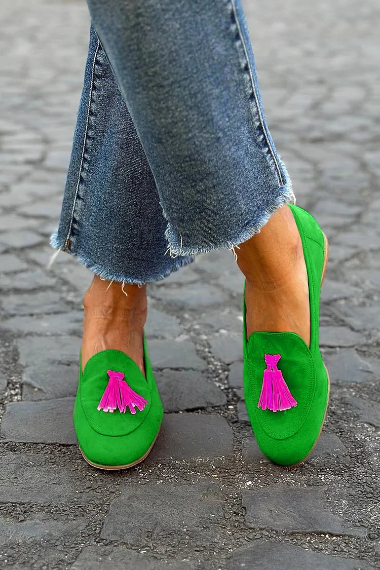 Clarissa — Bright Green Loafers with Fuchsia Tassel