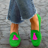 Clarissa — Bright Green Loafers with Fuchsia Tassel