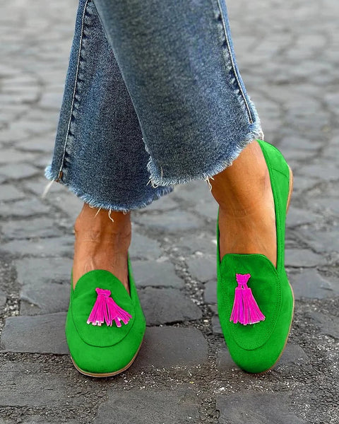 Clarissa — Bright Green Loafers with Fuchsia Tassel
