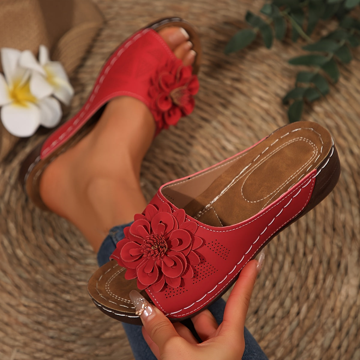 Darcy — Flower-Detail Wedge Slide Sandals