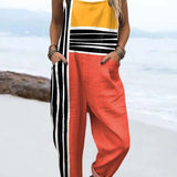 Safiya — Coral and Yellow Colour-Block Stripe Overalls