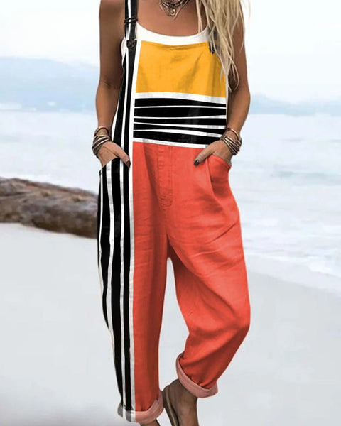 Safiya — Coral and Yellow Colour-Block Stripe Overalls