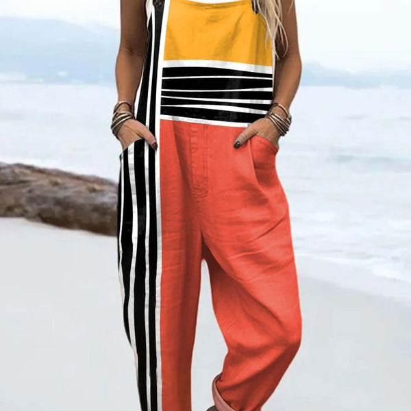 Safiya — Coral and Yellow Colour-Block Stripe Overalls