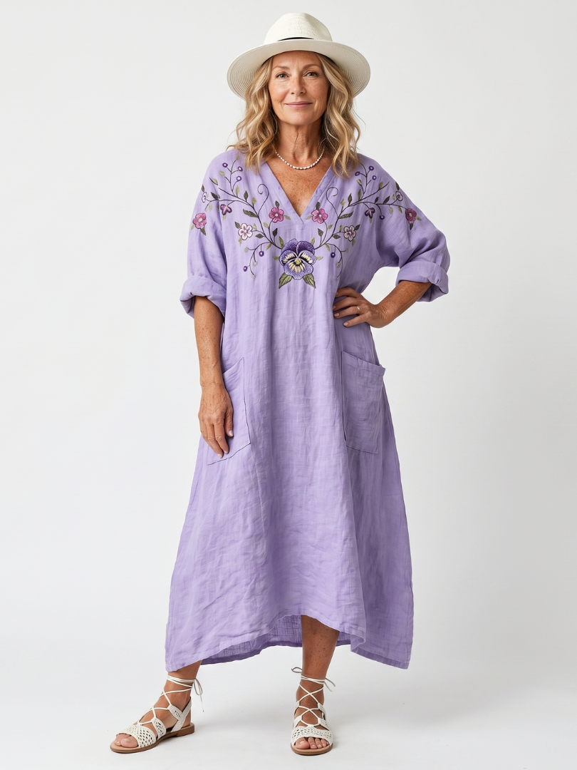 Rozalia — Lavender Floral-Embroidered Relaxed Midi Dress with Pockets