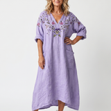 Rozalia — Lavender Floral-Embroidered Relaxed Midi Dress with Pockets