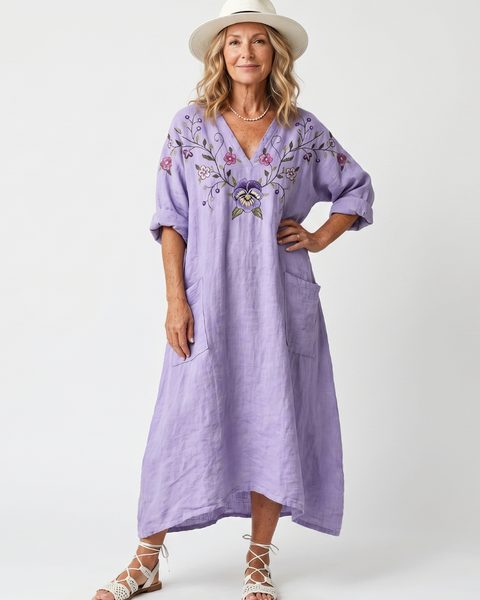 Rozalia — Lavender Floral-Embroidered Relaxed Midi Dress with Pockets