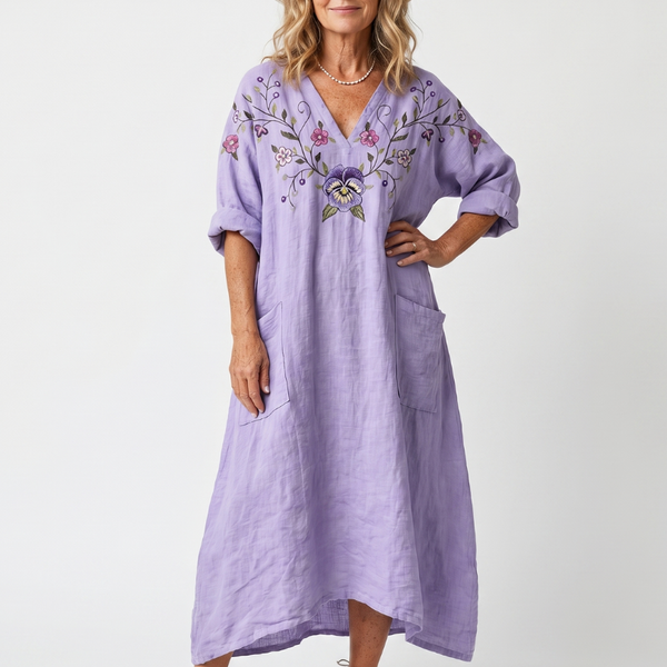 Rozalia — Lavender Floral-Embroidered Relaxed Midi Dress with Pockets