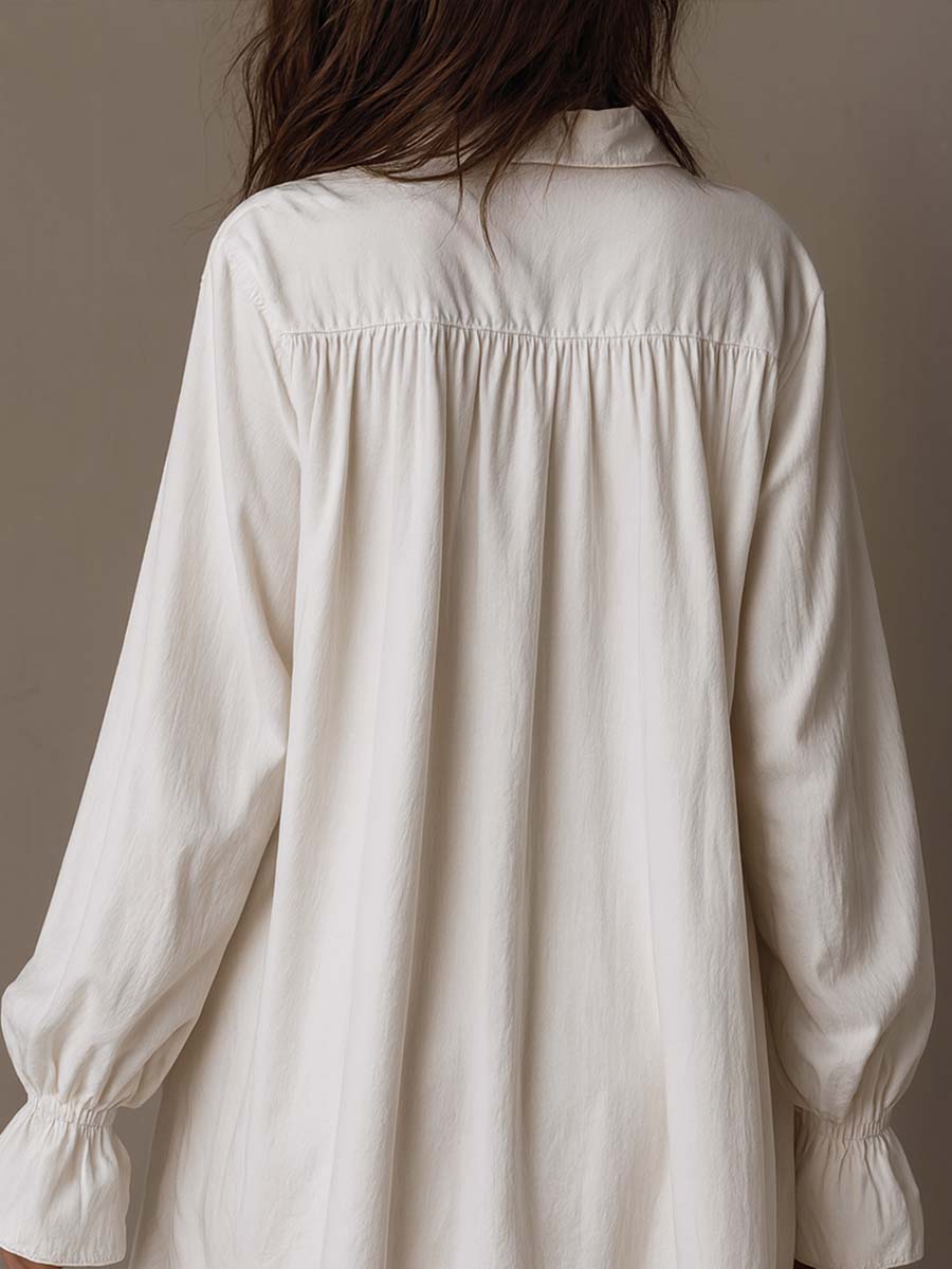 Idony — White High-Low Shirt Dress with Embroidered Yoke and Ruffle Cuffs