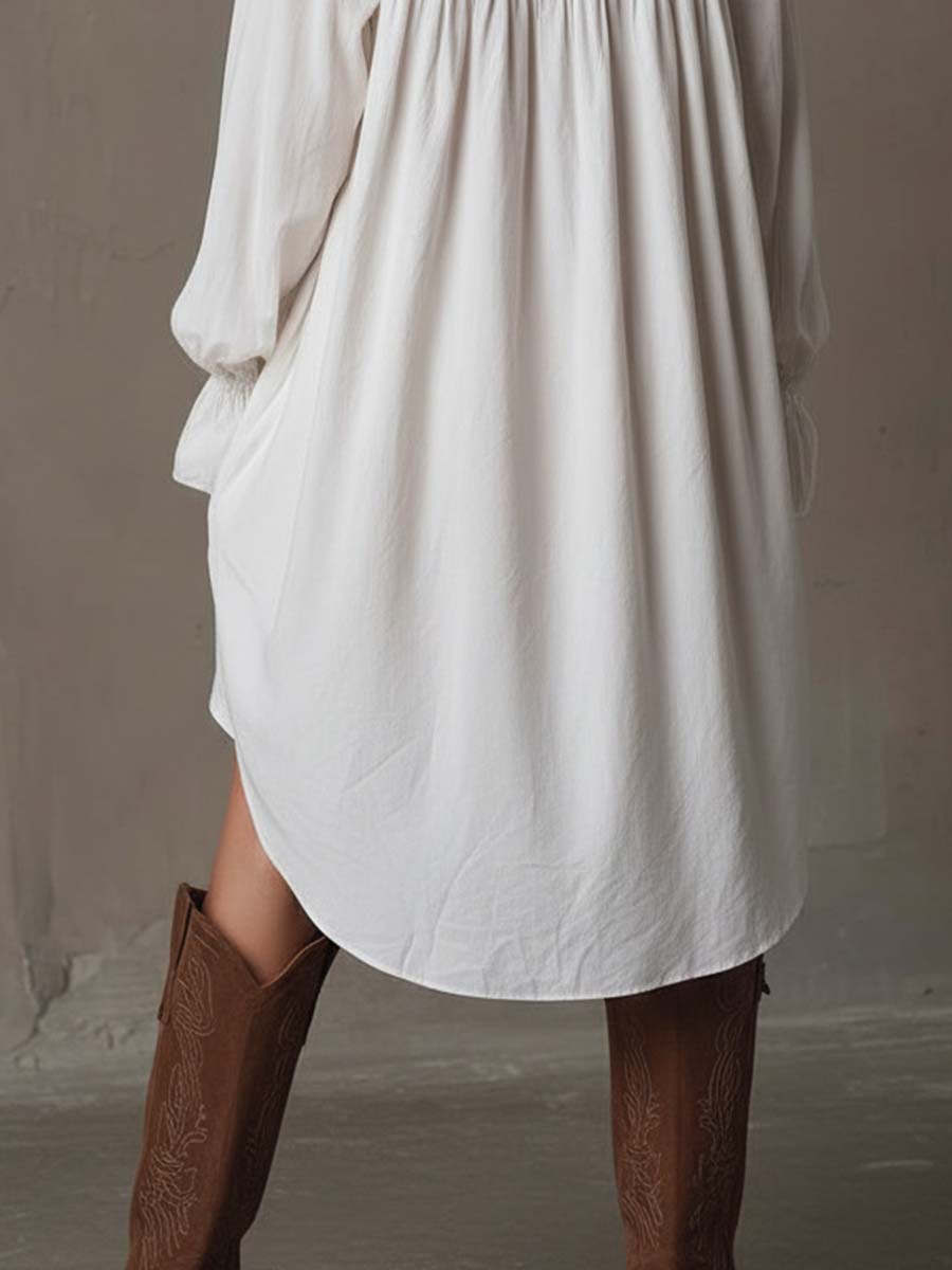 Idony — White High-Low Shirt Dress with Embroidered Yoke and Ruffle Cuffs